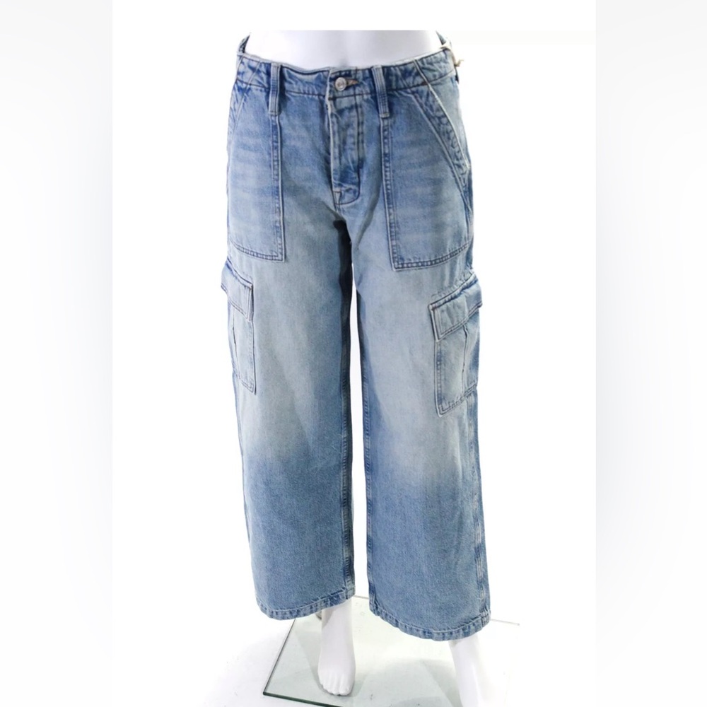 Mother Superior Womens The Spinner Cargo Nerdy Straight Jeans Light Blue Size 28